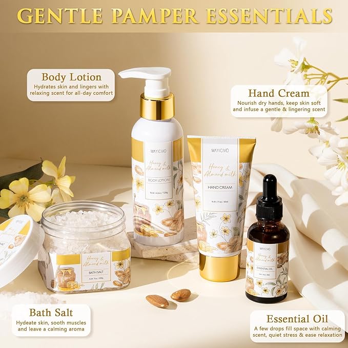 Birthday Gifts for Women, Honey & Almond Milk Relaxing Spa Gift Baskets for Women Self Care Package Bath Gift Set, Home Bath and Body Kit Pamper Valentines Day Gifts for Her Womens Mom Friends Sister - Bloomnest
