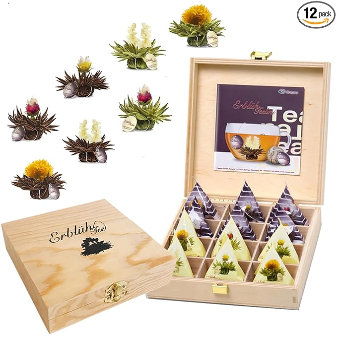 Creano Blooming Tea Tealini - Tea Flowers in Cup Size - Gift Set in Wooden Tea Box - 12 pcs in 8 Varieties - White Tea & Black Tea - Bloomnest