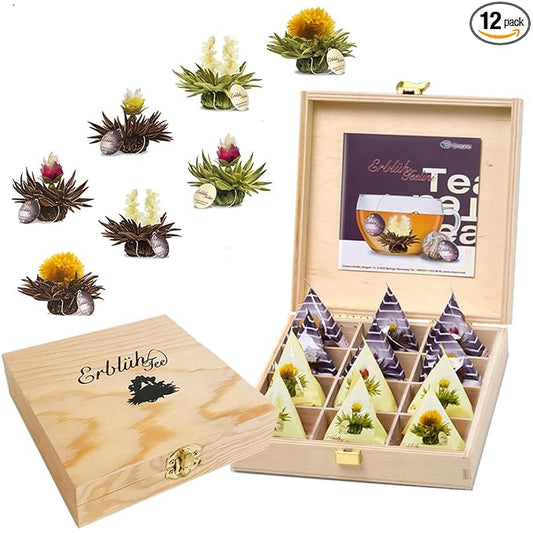 Creano Blooming Tea Tealini - Tea Flowers in Cup Size - Gift Set in Wooden Tea Box - 12 pcs in 8 Varieties - White Tea & Black Tea - Bloomnest
