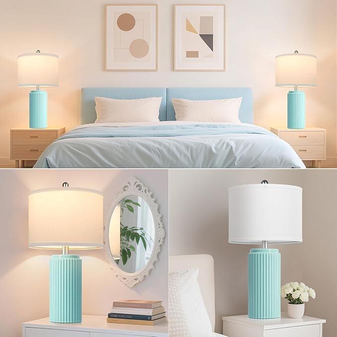23.5’’ Light Green Coastal Table Lamps for Bedroom Set of 2, Modern Ceramic Nightstand Lamps for Living Room, Elegant Bedside Lamps with White Line Shade Set for Reading, Farmhouse Side Table Lamps - Bloomnest