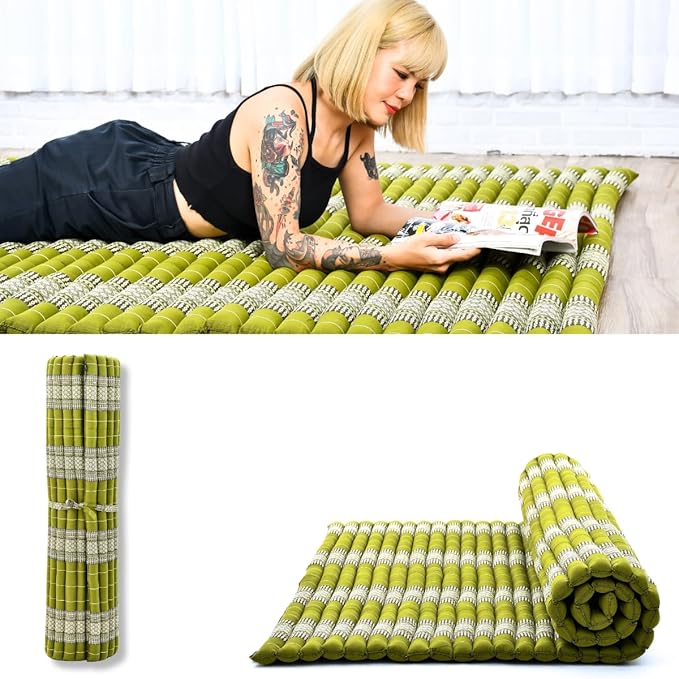 Leewadee - Foldable Floor Mattress - Japanese Roll Up Futon -Trifold Tatami Mat- Guest Floor Bed - Camping Mattress - Thai Massage Mat, Kapok Filled, 75 x 57 inches, Green - Bloomnest