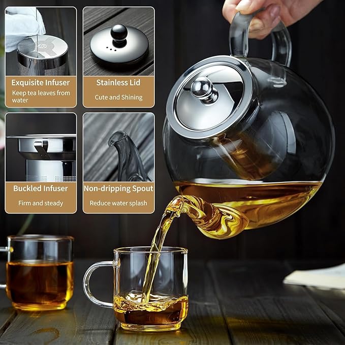 40OZ (1200ML) Glass Teapot with Infuser Stovetop Safe, Clear Glass Tea Pot Kettle, Borosilicate Tea Pot with Infusers Filter for Loose Tea, Tea Kettle Dishwasher Safe (Black) - Bloomnest