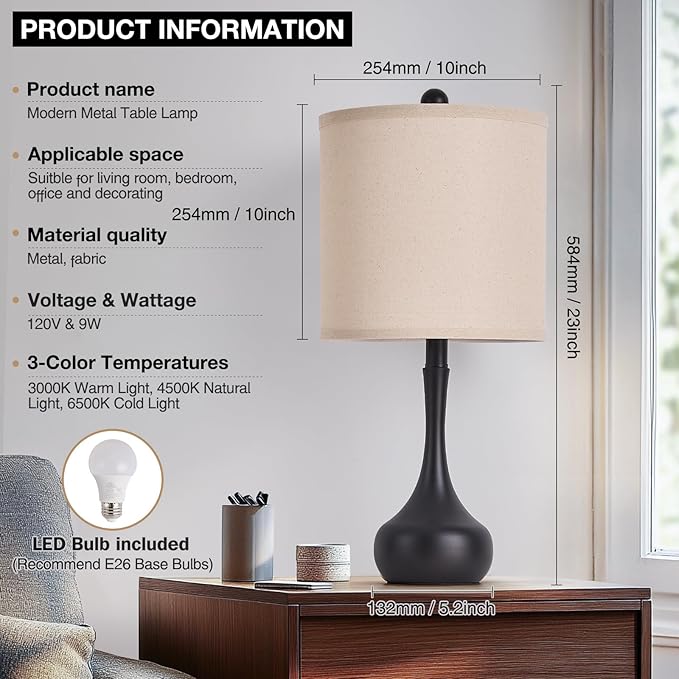 23" Modern Farmhouse Table Lamp Set of 2, Rustic Metal Bedside Lamps for Bedroom, Living Room, Office, Dorm - 3-Way Color Changing, Bulb Included, Home Decor - Bloomnest