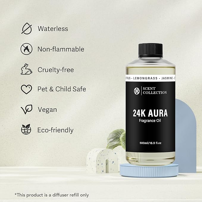 Luxury Hotel Scent 24K Aura Diffuser Oil Waterless Essential Aromatherapy for Cold Air & Car Diffusers – Long Lasting Refill for Large Room & Home - Signature Lemongrass (500ml/16.9Fl oz) - Bloomnest