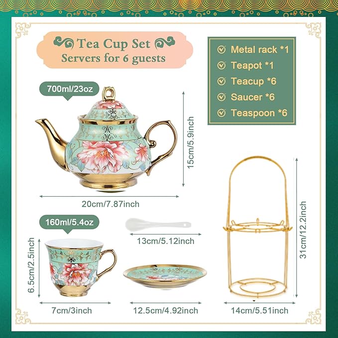 20 Pcs Porcelain Tea Set with Metal Holder, Adult Tea Set Gift, European Ceramic Tea Set for Adults, Flower Tea Cup Saucer Set for Party With Gold Flower Painting (Fresh Green) - Bloomnest