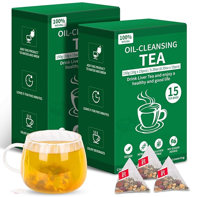 Oil Reducing Tea, 100% Pure & Natural Oil Cleansing Tea with 10 Precious Ingredients Formula for Liver Detoxification, Effectively Improve Intestinal Cleansing (2 Box/30 Bags) - Bloomnest