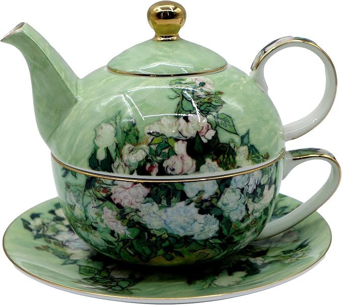 Porcelain 13 OZ Tea for One Teapot and Cup Set Vintage Floral Ceramic Tea Set European Style Tea pot and Saucer Set (White Roses) - Bloomnest