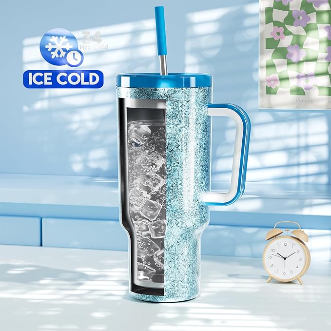 Meoky 40 oz Tumbler with Handle for Travel: Stainless Steel Insulated Tumbler with Lid and Straw - 100% Leak Proof Tumbler for Car Road Trips - Travelers Commuters Workers, Crystal - Bloomnest
