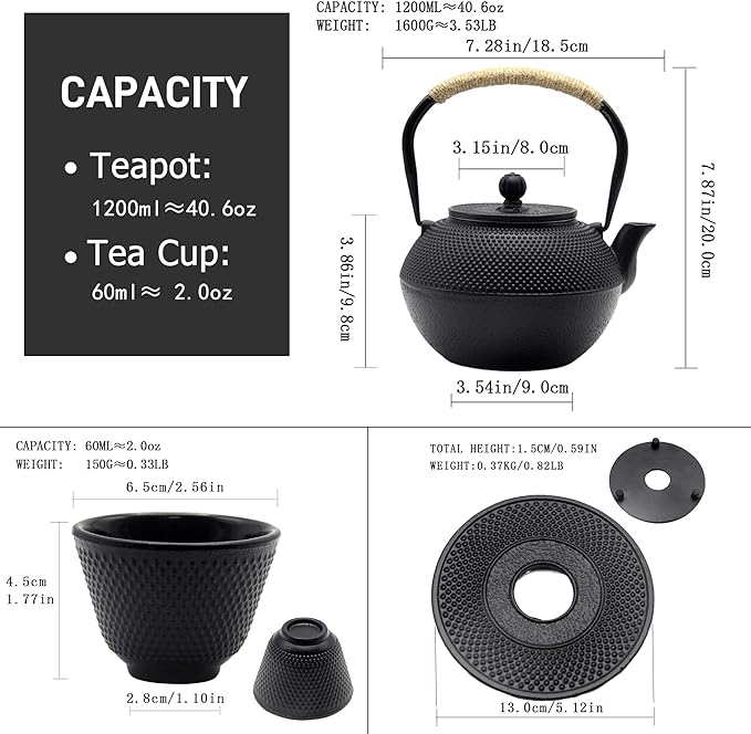 YJX Cast Iron Tea Pot Set, Japanese Tetsubin, 40.6oz Tea Kettle for Stovetop, Black Teapot with Stainless Steel Infuser for Loose Leaf Tea, 1200ml Small Asian Tea Set with Teacups - Bloomnest