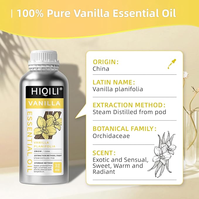 HIQILI 32 Ounces Vanilla Essential Oil, Strong Fragrance for Body Lotion, Candle Making, Soap, Aromatherapy-32 Fl Oz - Bloomnest