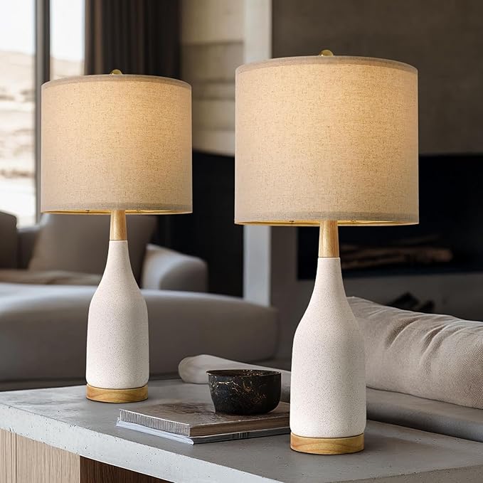 PORTRES 27" Ceramic Table Lamps for Bedroom Living Room Vintage Lamp Set of 2 Bedside Nightstand Lamp Large Farmhouse Rustic Boho Retro Modern Table Lamp Light Home Office Desk Deco Gifts, White - Bloomnest
