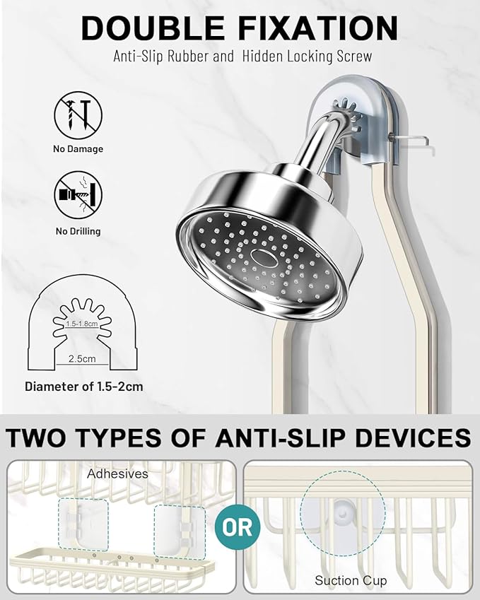 Shower Caddy Hanging - Never Rust Shower Hanging Organizer - Aluminum Over the ShowerHead Caddy with Soap Basket and 6 Hooks for Razor/Sponge (Milky White) - Bloomnest