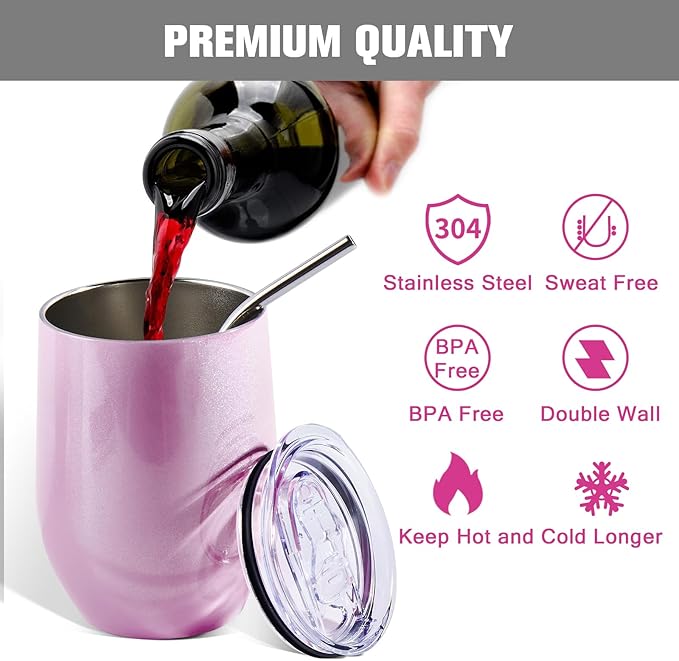 BetterSub 8 Pack 12oz Glitter Pink Wine Tumblers - Double Wall Insulated Sublimation Blanks, Stainless Steel Cups With Lid, Metal Straw, Brush, Display Box - Bloomnest