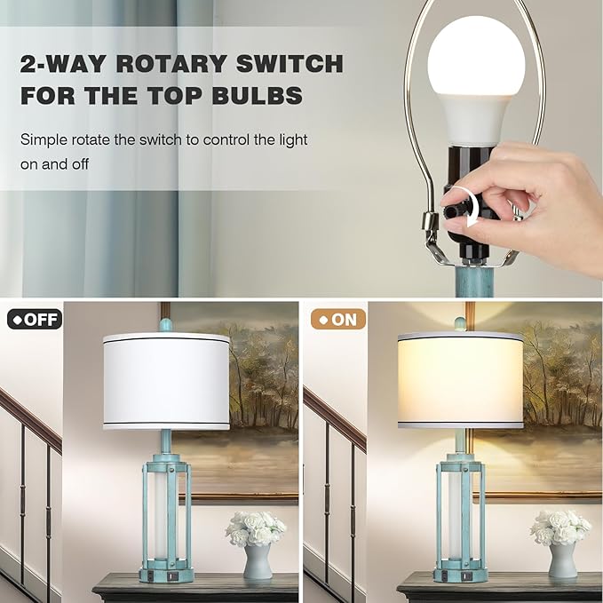Table Lamp for Living Room, Vintage Rustic Industrial Farmhouse Lamps with USB A+C Charging Ports & AC Outlet, Beside Nightstand Metal Lamp with LED Night Light & Fabric Shade for Bedrooms - Bloomnest