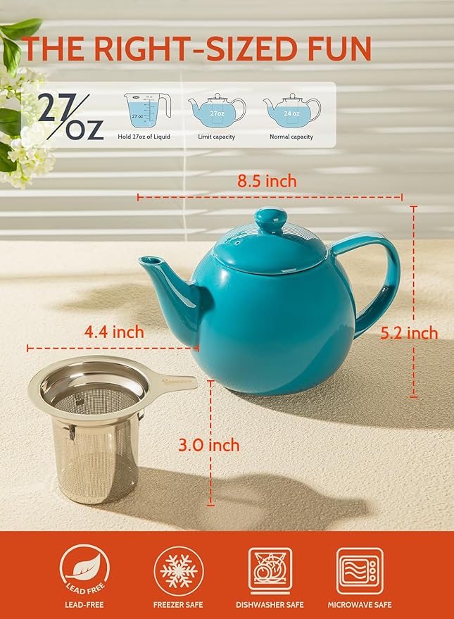 Sweese Teapot, Porcelain Tea Pot with Stainless Steel Infuser, Blooming & Loose Leaf Teapot - 27ounce, Steel Blue - Bloomnest