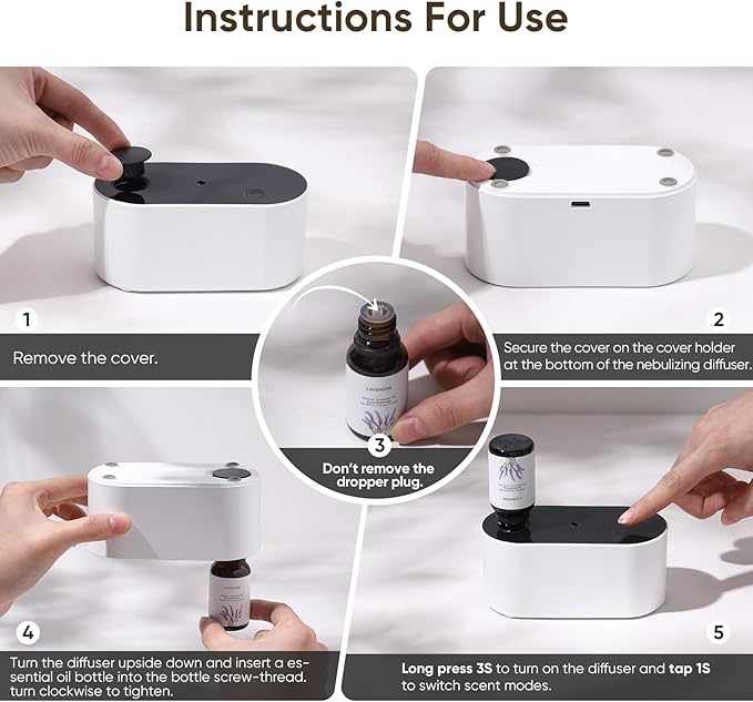 Waterless Diffuser for Essential Oil, Battery Operated Scent Air Aromatherapy Diffuser, Mini Aroma Diffusers with 3 Intermittent Mist Modes, Cycle Start for 400-700 sq.ft Home Office Bedroom. - Bloomnest