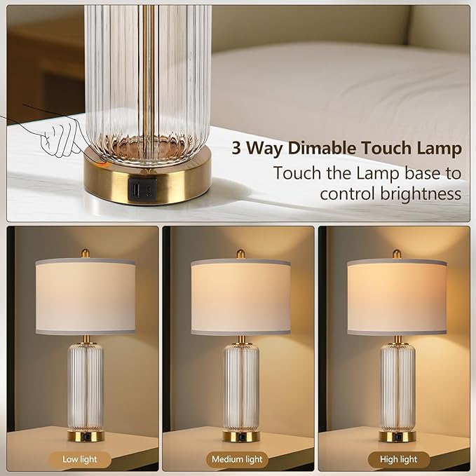 Table Lamps Set of 2 with Touch Control, 27" Modern Glass Bedside Lamps with USB A+C Ports, 3-Way Dimmable Nightstand Lamp with Vertical Grained Glass, Bedside Table Lamps, Desk Lamp for Bedroom - Bloomnest