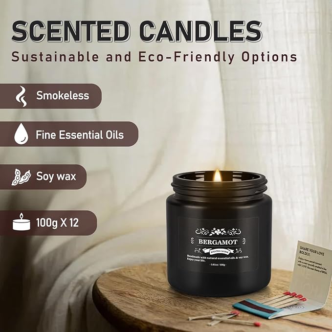 Scented Candle Set 12 Pack,Black, Candle for Home Scented, Odor Eliminating, Stress Relief, Long Lasting Soy Wax Gift Set - Bloomnest