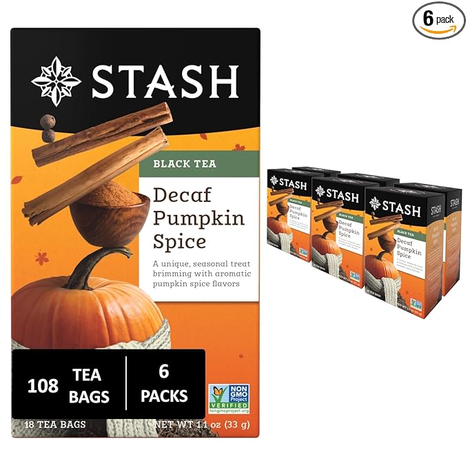 Stash Tea Decaf Pumpkin Spice Black Tea - Decaf, Non-GMO Project Verified Premium Tea with No Artificial Ingredients, 18 Count (Pack of 6) - 108 Bags Total - Bloomnest