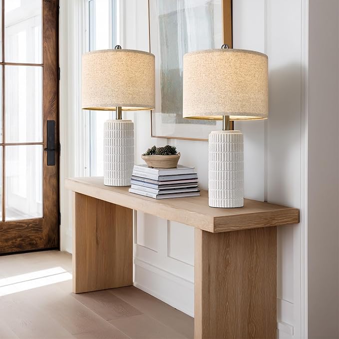 PoKat 24" Farmhouse Ceramic Table Lamps Set of 2 for Bedroom, White Stone-Like Bedside Lamps for Night Stands, Matte-Textured Decor Nightstand Table Lamps for Living Room End Table White - Bloomnest