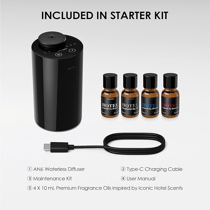 Airversa Waterless Essential Oil Diffuser Starter Kit with 4 x 10mL Hotel Scent Fragrance Oil, Battery Operated Mini Scent Air Machine Portable Diffuser for Home Car Office, AN6Kit-04 Black - Bloomnest