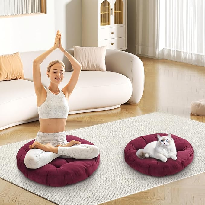 Meditation Floor Pillow Set of 2 Large Round Floor Cushions for Adults Tufted Corduroy Floor Seat Pillows Cushion for Living Room Tatami Yoga,Wine Red 22" L x 22" W x 5" H - Bloomnest
