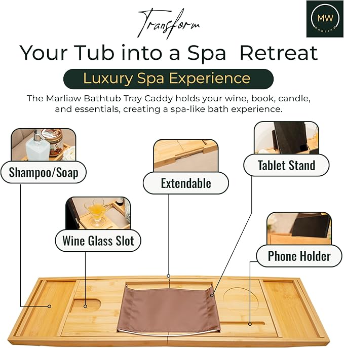 Luxury Foldable Bamboo Bathtub Tray - Wine Glass and Tablet Holder, Spa Bath Caddy for Relaxation, Gifts for Her, Him, Couples, Adjustable and Waterproof, Perfect for Birthdays, Weddings, Housewarming - Bloomnest