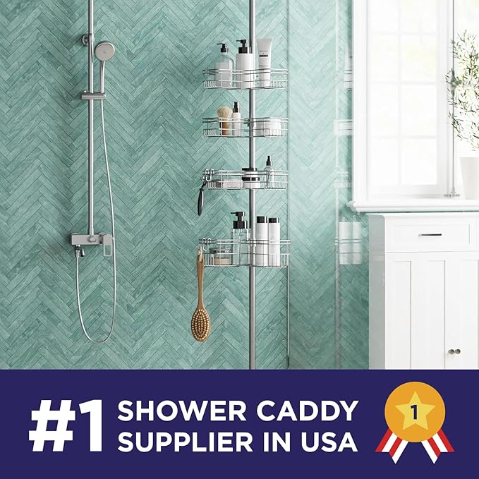 Zenna Home Tension Pole Shower Caddy Corner Organizer, Adjustable Standing Shower Caddy with 4 L-shaped Baskets and Hooks, Rust Resistant Bathroom Tension Rod Organizer, 60 to 97 Inch, Satin Nickel - Bloomnest
