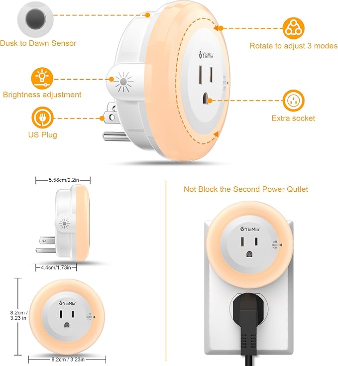 YiaMia Night Lights Plug Into Wall, Dusk to Dawn Sensor Night Light with Outlet, Warm Light Dimmable Nightlights–5-25 Lumens, Auto On/Off, Perfect for Bedroom, Hallway, Living Room & Kitchen,2Pack - Bloomnest