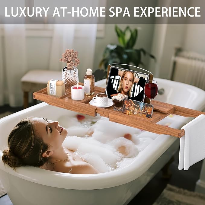 Premium Teak Bathtub Tray Caddy, Expandable Wooden Bath Tray for Tub,Luxury Bathroom Accessories,Great House Warming, Anniversary & Wedding and Birthday Gifts - Bloomnest