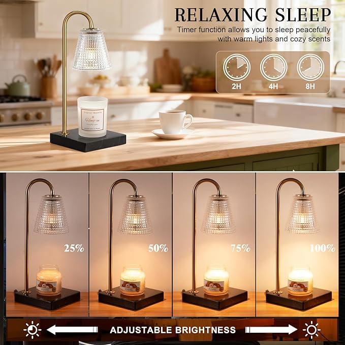 Hong-in Modern Gold Candle Warmer Lamp with Black Marble Base, Glass Shade Electric Candle Melter for Scented Candles, Stylish Home Kitchen Decor & Gift for Women
