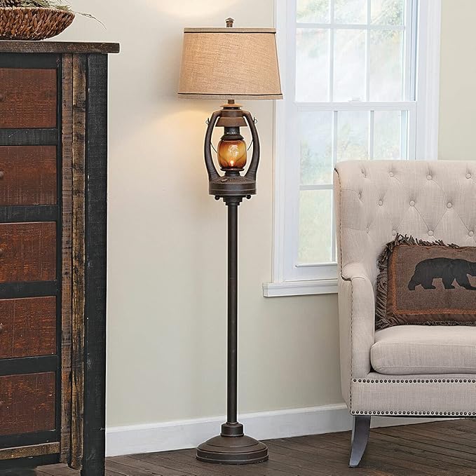 BLACK FOREST DECOR Vintage Lantern Floor Lamp with Burlap Shade - Rustic Lodge Standing Lamp - Bloomnest