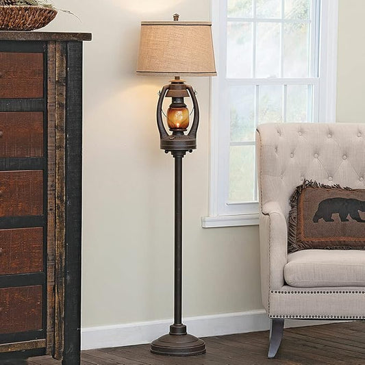 BLACK FOREST DECOR Vintage Lantern Floor Lamp with Burlap Shade - Rustic Lodge Standing Lamp - Bloomnest