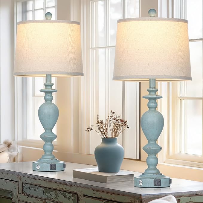 27.5" Coastal Table Lamp for Living Room Set of 2,Retro Blue Bedside Nightstand Lamps with USB C+A Ports & AC Outlet,3-Way Dimmable Touch Control Desk Lamp for Bedroom - Bloomnest