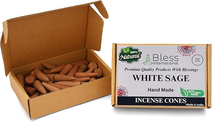 Bless-International White Sage 100%-Natural-Incense-Cones Handmade-Hand-Dipped Organic-Chemicals-Free for-Purification-Relaxation-Positivity-Yoga-Meditation The-Best-scents (60 Count)