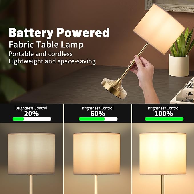 Portable Cordless Table Lamp,Built-in 5200mAH Rechargeable Battery, Dimmable Touch Wireless Light, Bed Side Metal Desk Lamp，Restaurant/Bedroom/Bar/Coffee/Night Light (Antique Brass) - Bloomnest