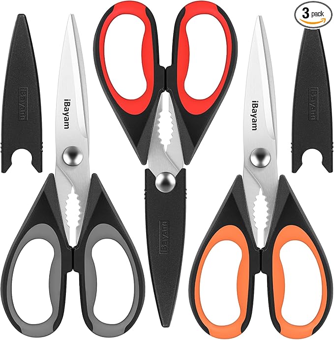 iBayam 3-Pack 8.5"Kitchen Scissors All Purpose Heavy Duty with Protective Sheath, Soft Grip Comfort Handle, Dishwasher Safe Kitchen Utensils Gadgets Set, Stainless Cooking Meat Poultry Food Shears - Bloomnest