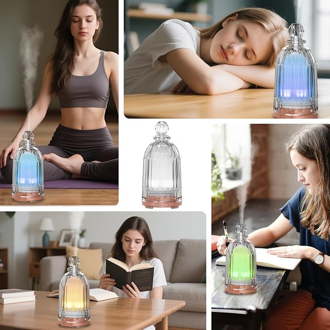 120ml Glass Essential Oil Diffuser, Ultrasonic Aroma Diffuser Glass Cover & Plastic Reservoir with Auto Shut-Off 7 Colors LED Lights for Home Office Bedroom(Bronze Base) DOUDING