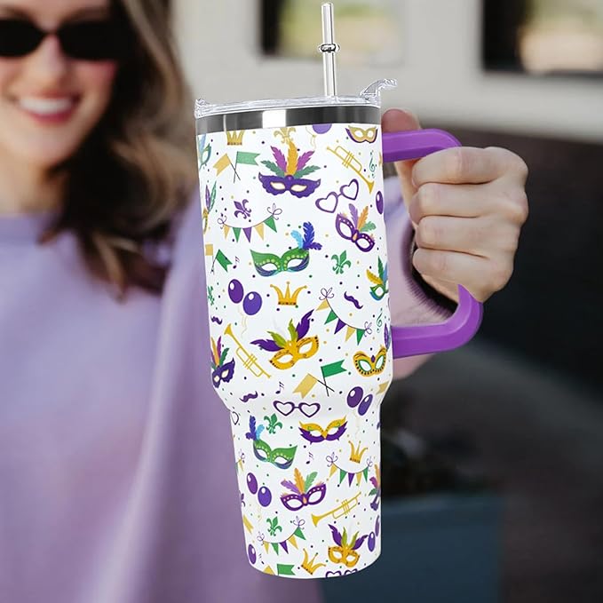 Ceovfoi 40 Oz Mardi Gras Tumbler with Lid and Straw,40 Oz Mardi Gras Coffee Mugs Water Bottles Wine Drinking GlassesTumbler with Straws,Margi Gras Decor,Margi Gras Gifts for Women - Bloomnest