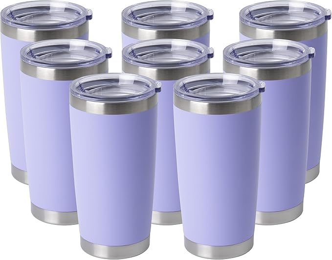 HASLE OUTFITTERS 20oz Stainless Steel Tumblers Bulk, Insulated Travel Cup with Lid, Double Wall Vacuum Coffee Mug for Cold & Hot Drinks 8 Pack, Light Purple