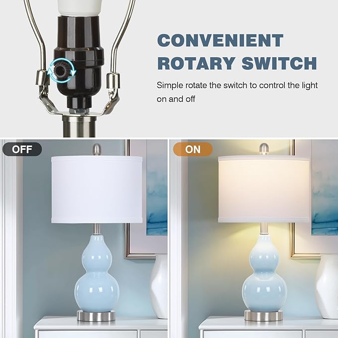 22" Double Gourd Ceramic Table Lamps Set of 2, Blue Modern Bedside Lamps for Living Room, Contemporary Nightstand Desk Lamps for Bedroom End Table Home Office Study Room Decor(2 LED Bulbs Included) - Bloomnest