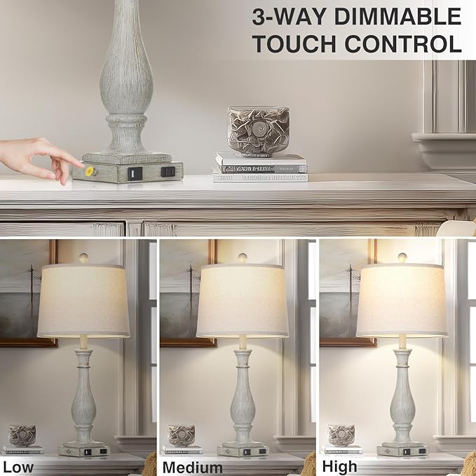 27.5" Grey Farmhouse Lamps Set of 2, Vintage Living Room Table Lamps with USB C+A Ports & AC Outlet, 3-Way Touch Control Bedside Lamp, Rustic Resin Bedroom Lamp for Nightstand Side Table Desk - Bloomnest