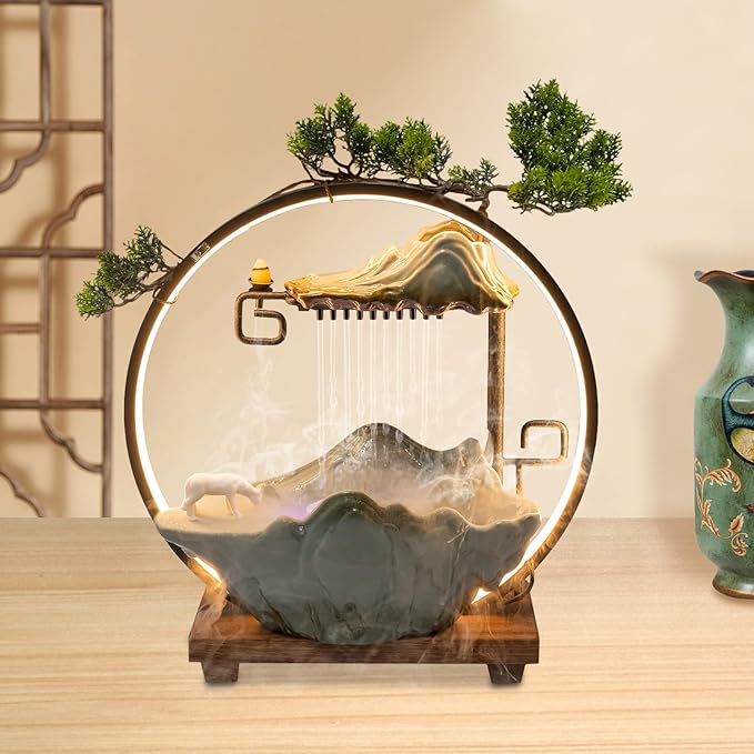 Tabletop Water Fountain, Indoor Waterfall with Round LED Light & Mist Maker and Incense Holder for Home Office Decor for Good Luck Wealth - Bloomnest
