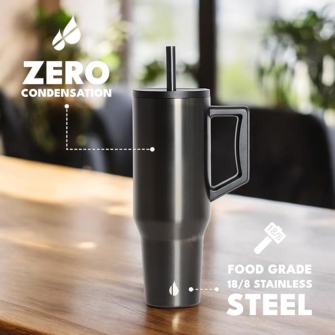 Elemental 40 oz Tumbler with Handle and Straw - Spill Proof Insulated Stainless Steel Commuter for Hot and Cold Beverages - Travel Coffee Mug with 2 Straws & Spill Proof Lid - 40oz- Gunmetal - Bloomnest