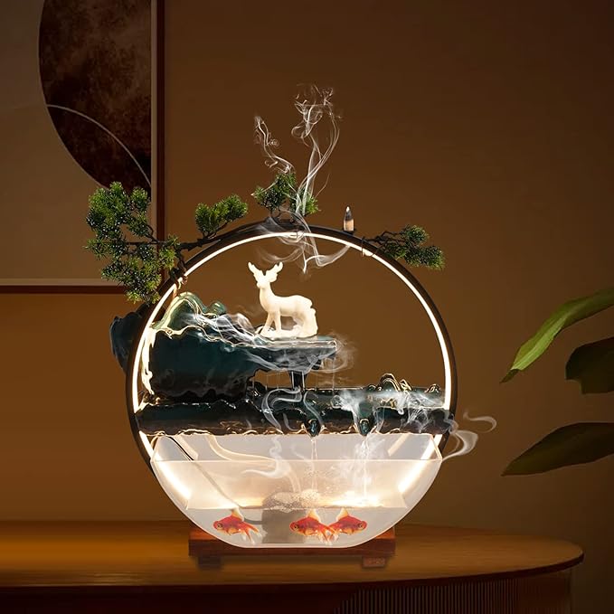17Inch Mini Fish Tank Tabletop Decoration Indoor Waterfall Fountains Humidifier with LED Light and Atomizer Mist, Water Fountain Japanese Zen Decor Meditation Fake Plants Bonsai Gift - Bloomnest
