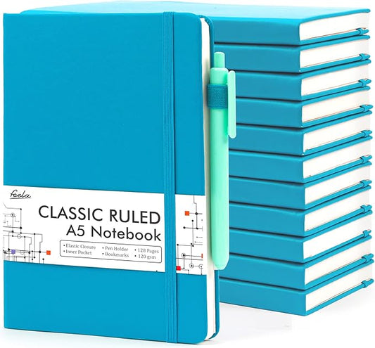 feela 12 Pack Notebooks Journals Bulk, Hardcover Notebook Classic Ruled Journal Set with Pen Holder for School Business Work Travel Writing, with 12 Black Pens, 120 GSM, 5.1”x8.3”, A5, Teal - Bloomnest