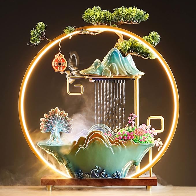 Peacock Tabletop Water Fountains Indoor Waterfall with LED Light Desktop Fountain for Meditation with Mist Japanese Fountain with Fake Plants Feng Shui Office Home Decor for Good Luck Wealth - Bloomnest