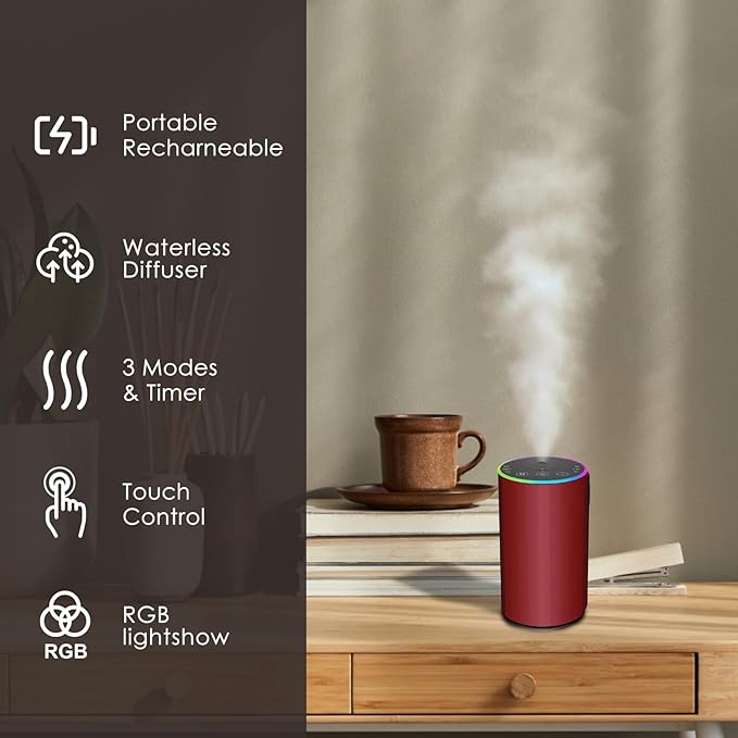 Waterless Essential Oil Diffuser, Battery Powered Mini Scent Air Machine, Aromatherapy Mist Diffuser for Home Room Car Office (red) - Bloomnest