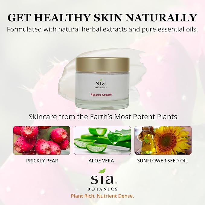 Sia Botanics Rescue Face Cream (65g/2.3oz Glass Jar) | Facial Moisturizer w/Prickly Pear Cactus, Aloe Vera, Green Tea Extract | Natural, Clean, Botanical Skincare for Women - Bloomnest