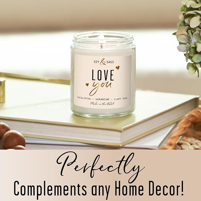 Valentines Day Gifts for Her, Valentine Candles -I Love You Candle, w/Eucalyptus & Geranium I I Love You Gifts for Her I Valentines Day Candle for Wife, Girlfriend I 9oz, 50Hr Burn, USA Made - Bloomnest